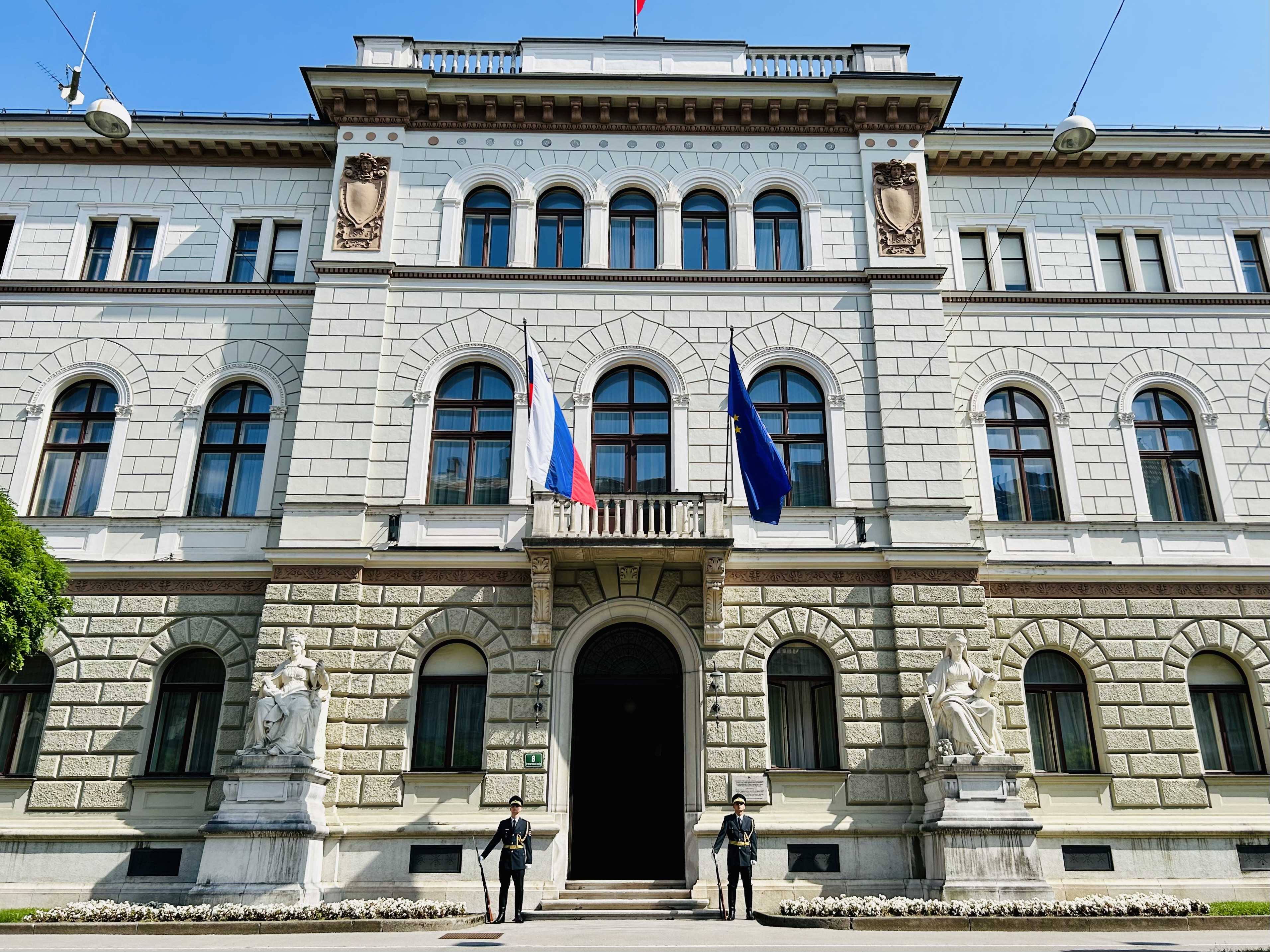 V počastitev dneva priključitve prekmurskih Slovencev k matičnemu narodu pred osrednjim vhodom v Predsedniško palačo stoji častna straža Garde Slovenske vojske.