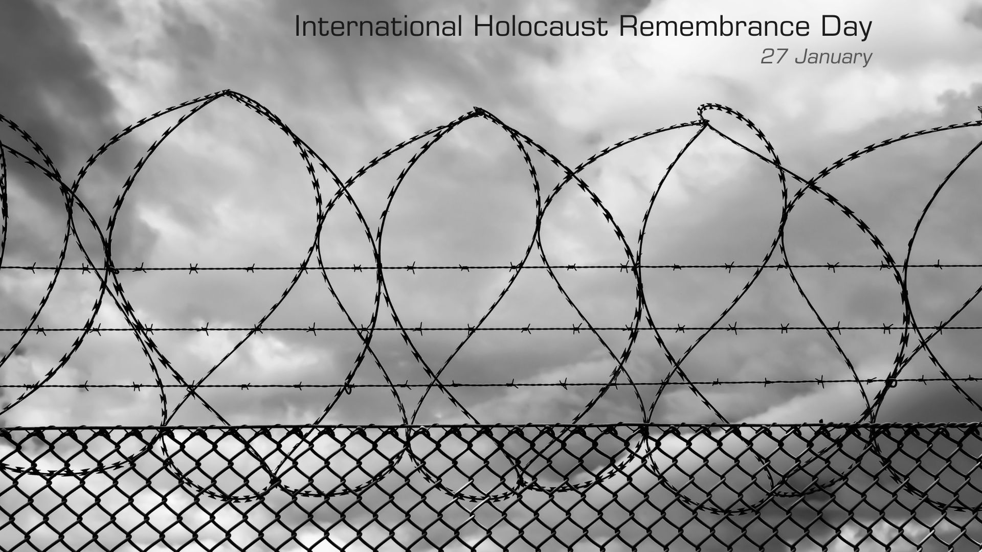 A wire fence like the one used to surround concentration camps during the Second World War. In the upper right corner is the inscription "International Day of Remembrance of the Victims of the Holocaust January 27".