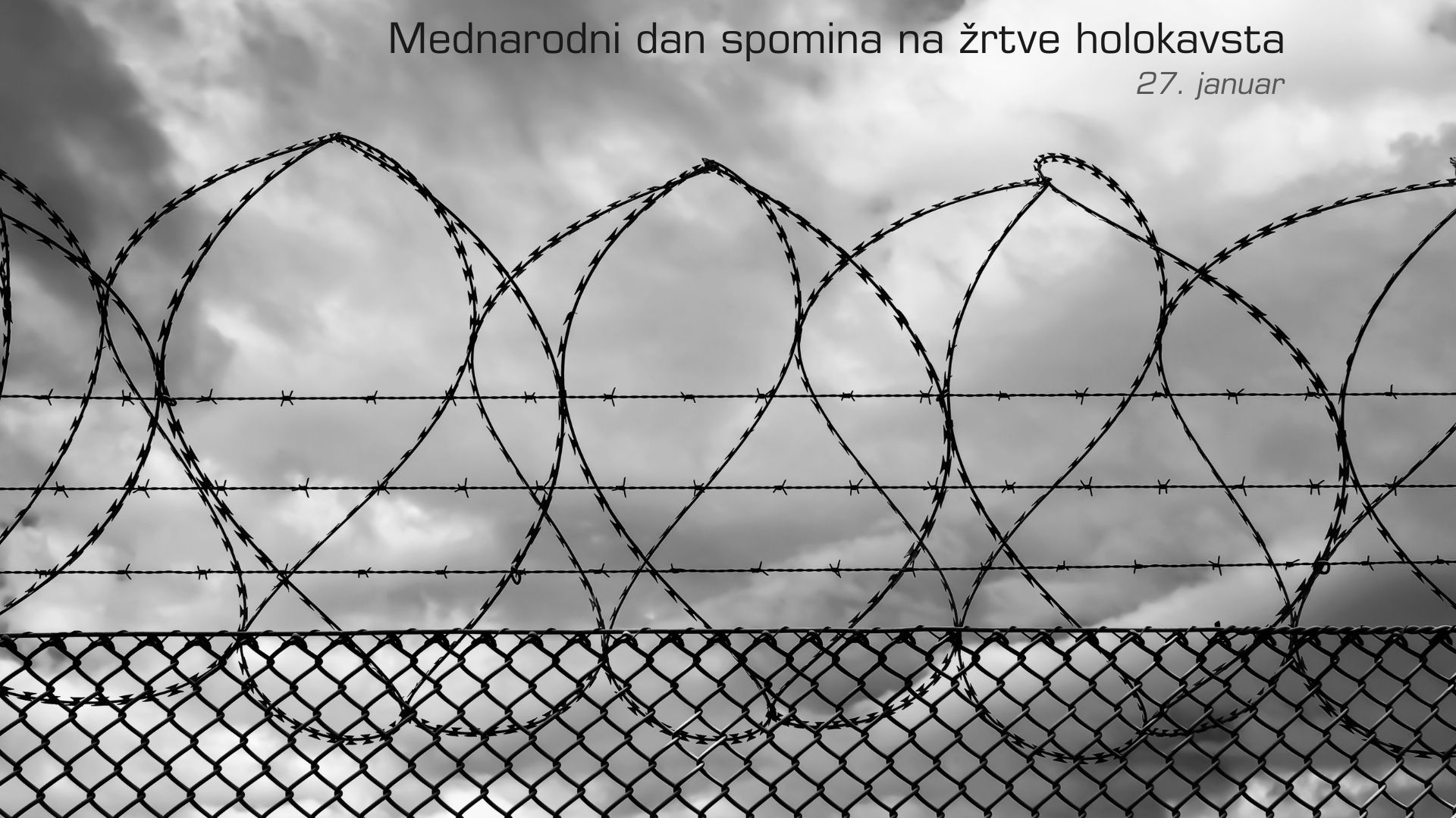 Žičnata ograja, s kakršno so bila obdana koncentracijska taborišča v času druge svetovne vojne. V zgornjem desnem kotu je napis "Mednarodni dan spomina na žrtve holokavsta 27. januar".