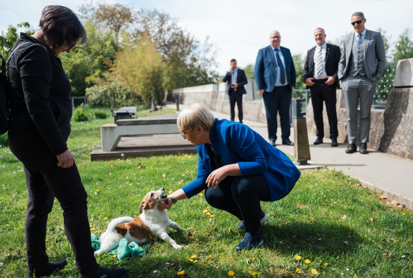 Predsednica republike je med sprehodom srečala kužka in mu posvetila trenutek. 
